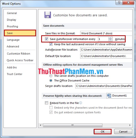 How to change the time automatically saved in Word 2007, 2010, 2013 Picture 4