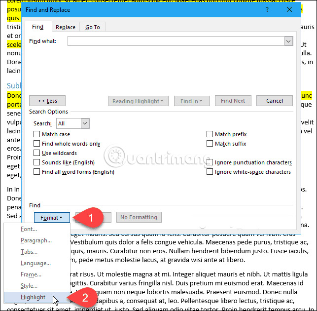 text is highlighted in word