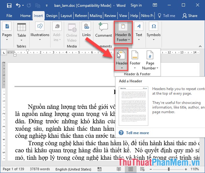 How to create a page header (Header) and footer (Footer) in Word Picture 1