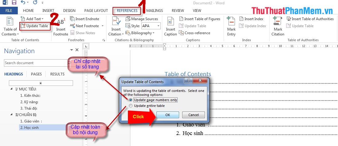 create table of contents in word 2013