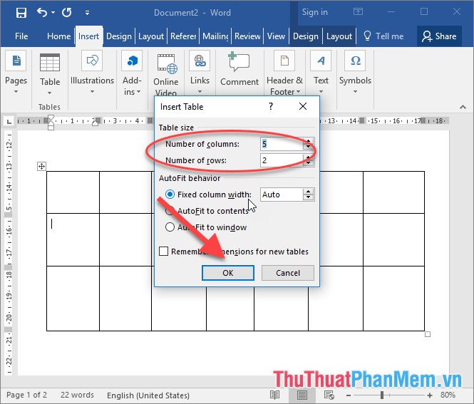 how to insert a table in word 2016