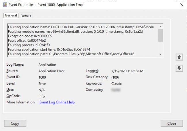 event id 1000 outlook