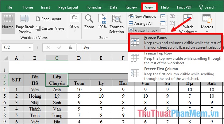 How to fix column and header rows in Excel 2016 - TipsMake.com