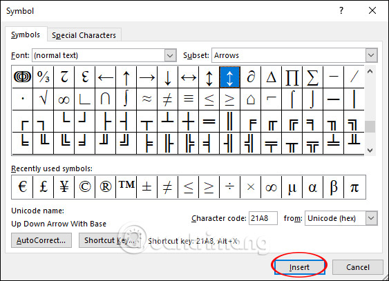 shortcut for a down arrow in microsoft word mac