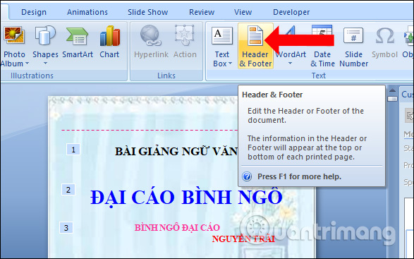 How to insert Header and Footer on PowerPoint when printing Picture 1