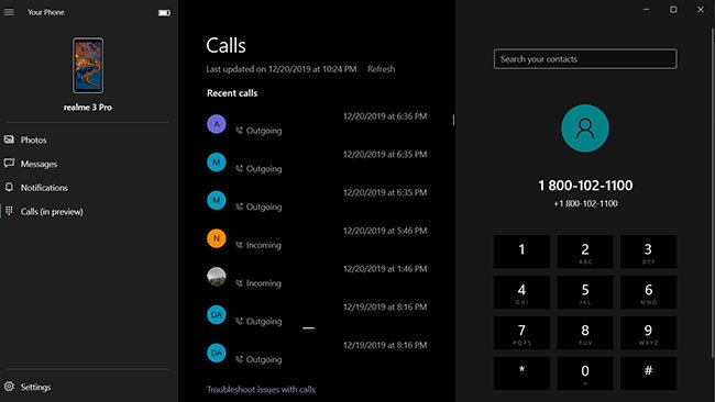 How to make calls from Windows 10 using the Your Phone app Picture 1