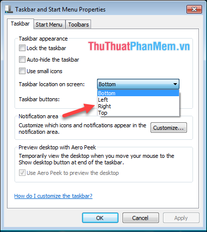 How to move the Taskbar to different locations on the Desktop Picture 3