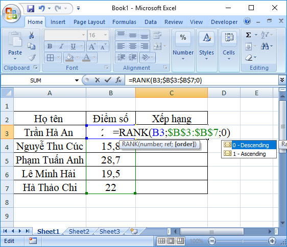 How to rank on Excel with RANK function Picture 2