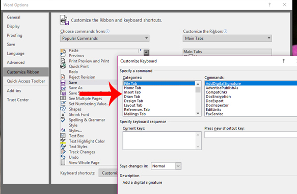 create keyboard shortcuts in word 2016