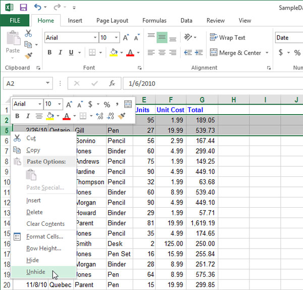 How to temporarily hide rows and columns in Excel 2013