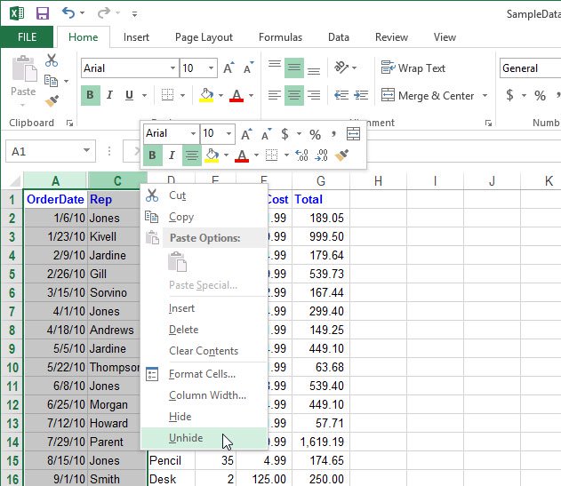 How to temporarily hide rows and columns in Excel 2013 - TipsMake.com