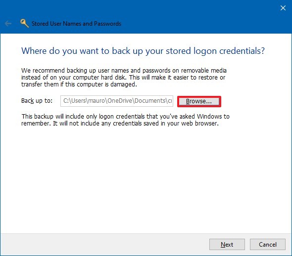 backup web credentials windows 10