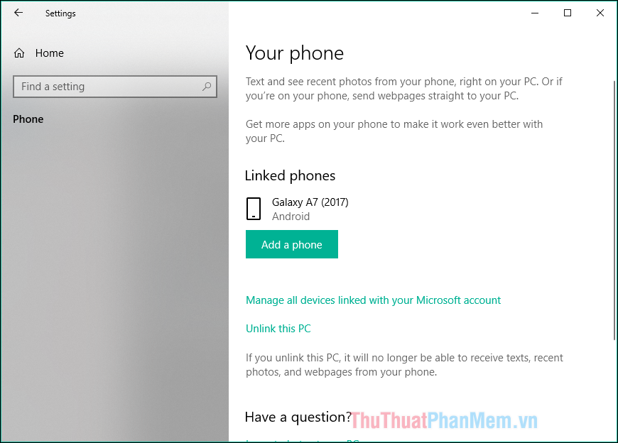 How to use the Your Phone feature on windows 10 to connect a computer to an Android phone Picture 10