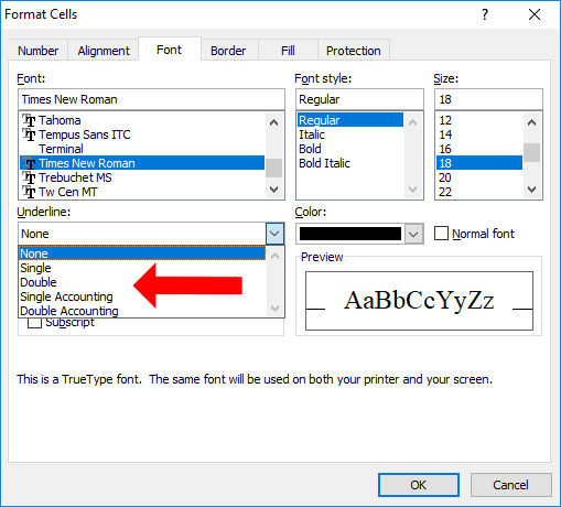 accounting underline in excel