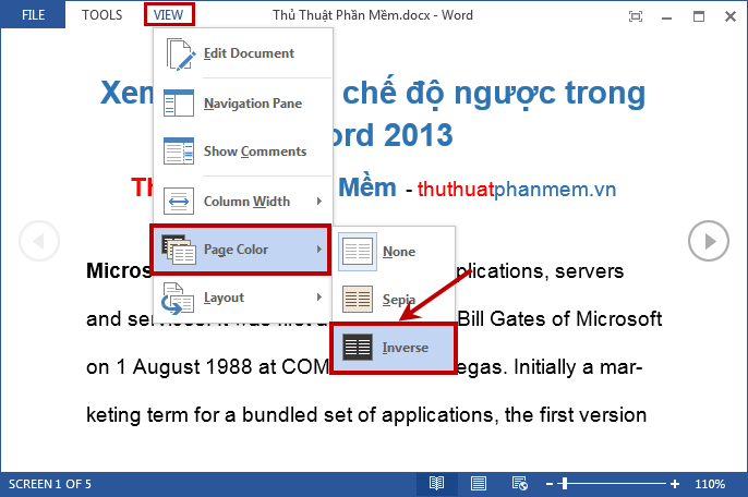 How to view Word documents with black and white background in Inverse mode in Word 2013 Picture 2