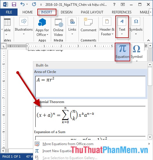 Insert and edit mathematical expressions in Word Picture 1