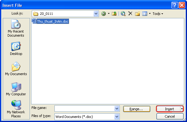 Insert the contents of 1 file.doc already in the open file content. Picture 2
