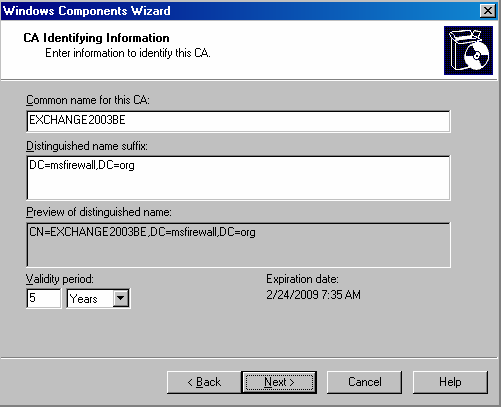 Installing and configuring the 2004 ISA Server Firewall - Chapter 2 Installing Certificate Services Picture 4