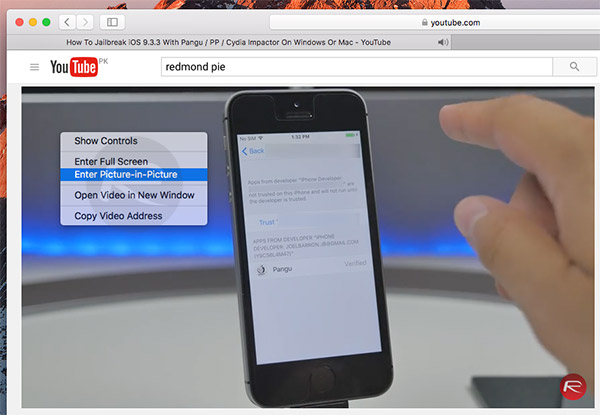 Instructions for activating macOS Sierra's Picture-In-Picture (PiP) mode with YouTube Picture 3
