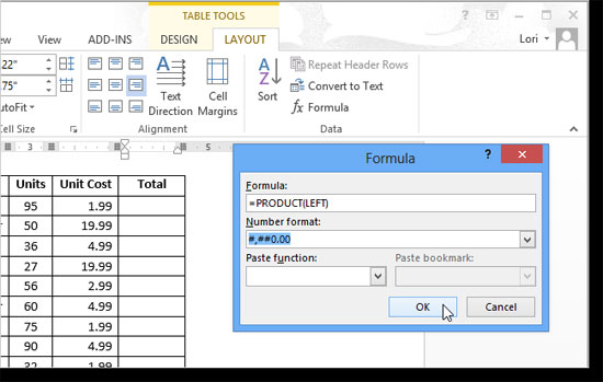 Instructions for calculating total lines and columns in Word 2013 Picture 5