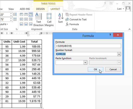 Instructions for calculating total lines and columns in Word 2013 Picture 8