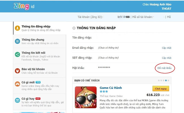 Instructions for changing Zing ID password and installing 2-layer password Picture 4