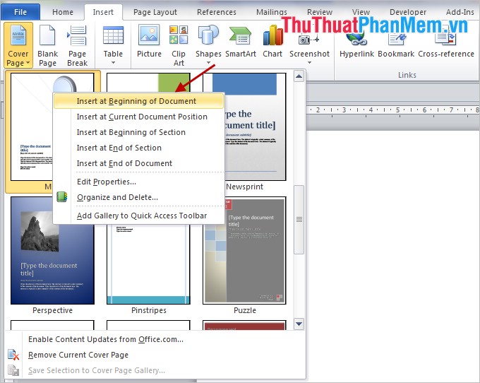 Instructions for creating a cover page in Word Picture 3