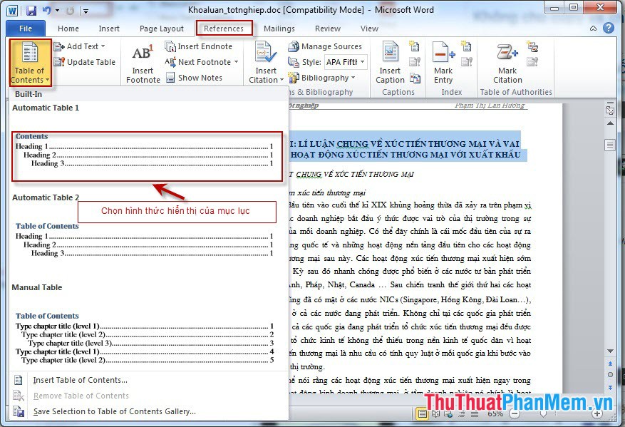 Instructions for creating a table of contents automatically in Word Picture 4