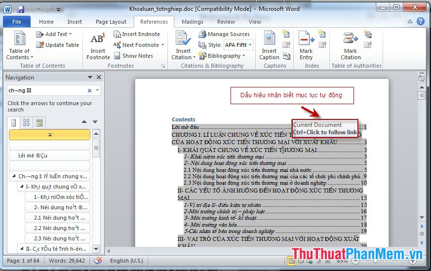 Instructions for creating a table of contents automatically in Word Picture 5