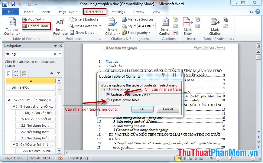 Instructions for creating a table of contents automatically in Word Picture 6