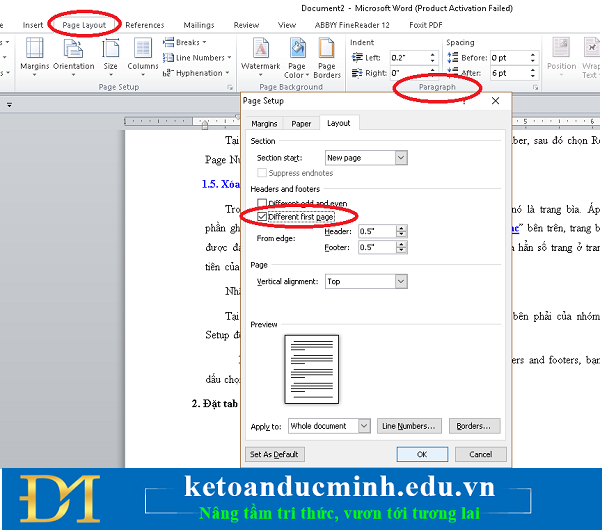 Instructions for page numbering and tab settings for paragraphs in Word