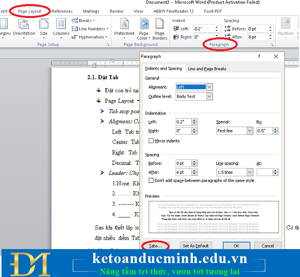 Instructions for page numbering and tab settings for paragraphs in Word Picture 6