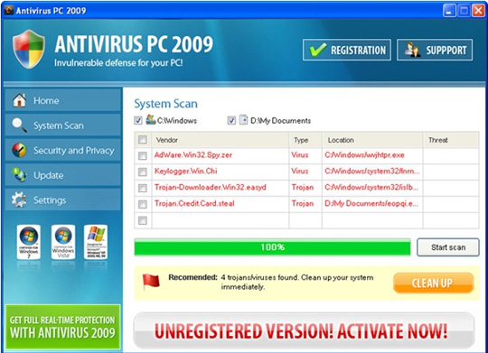 Instructions for removing fake security software Antivirus PC 2009 Picture 1