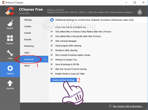 Instructions for restoring original settings for CCleaner Picture 2