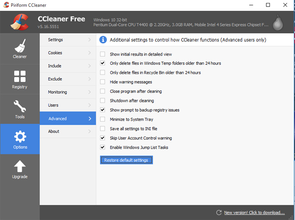 Instructions for restoring original settings for CCleaner Picture 4