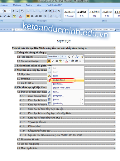 Instructions on how to create automatic table of contents in word 2007 Picture 8
