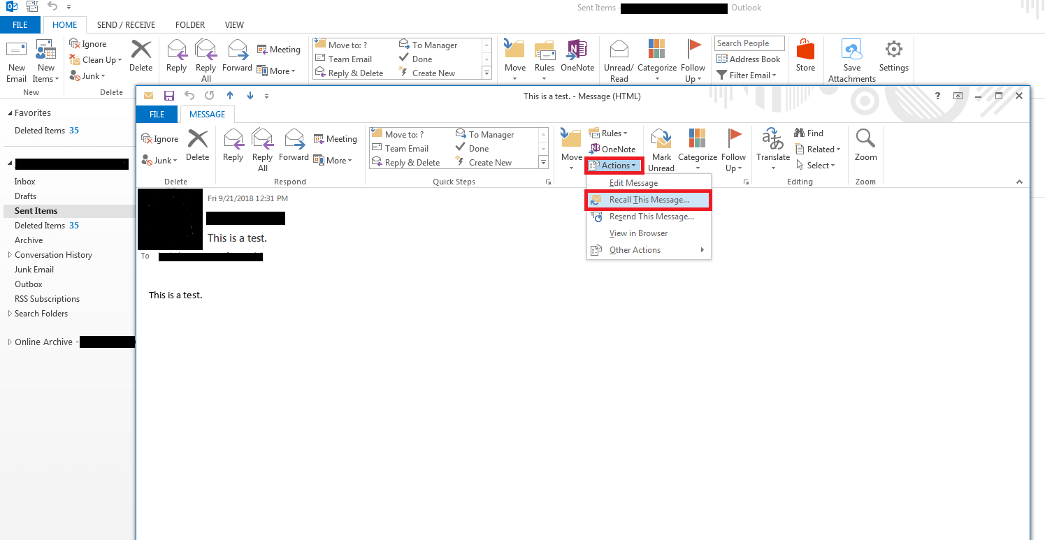 how to recall an email in outlook 2016