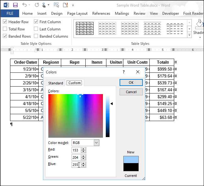 Instructions to add background color to each cell in the table on Word