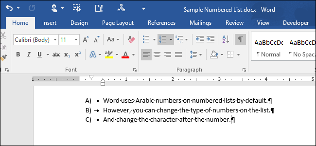 Instructions to change the numeric style when listing a list used in Word Picture 1