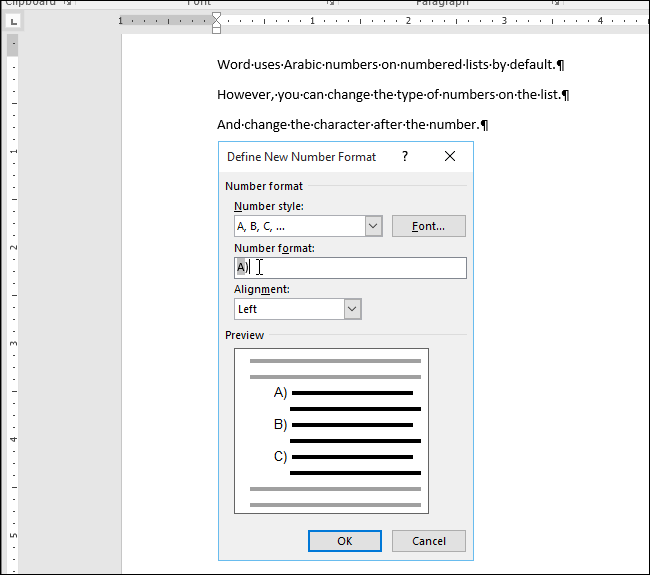 Instructions to change the numeric style when listing a list used in Word Picture 3