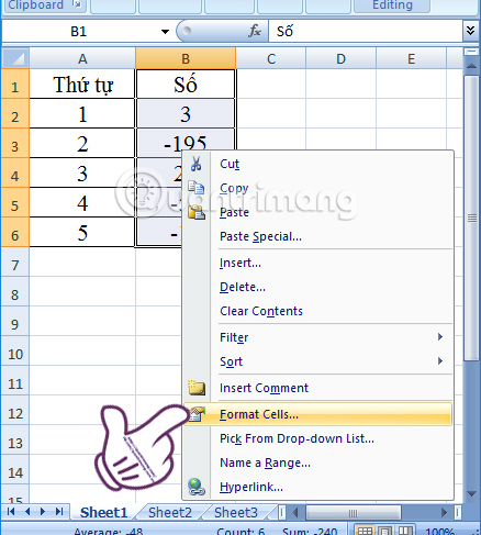 Instructions to stamp negative numbers in Excel Picture 1