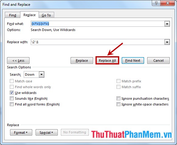 Instructions to use the Replace feature to reverse position words in Word Picture 6