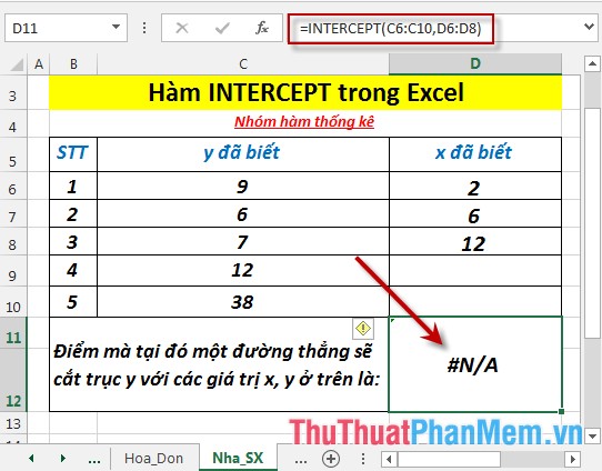 INTERCEPT function - The function returns the point at which the line will intersect the y-axis by using the existing x and y values ​​in Excel Picture 5