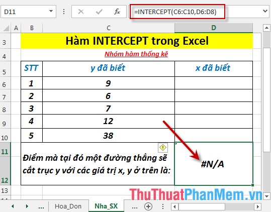 INTERCEPT function - The function returns the point at which the line will intersect the y-axis by using the existing x and y values ​​in Excel Picture 6
