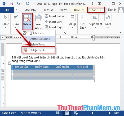 Manipulation editing on a table in Word Picture 7