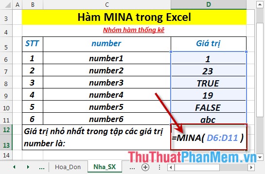 MINA function - The function returns the smallest value in the given numbers including text and logical values ​​in Excel Picture 3