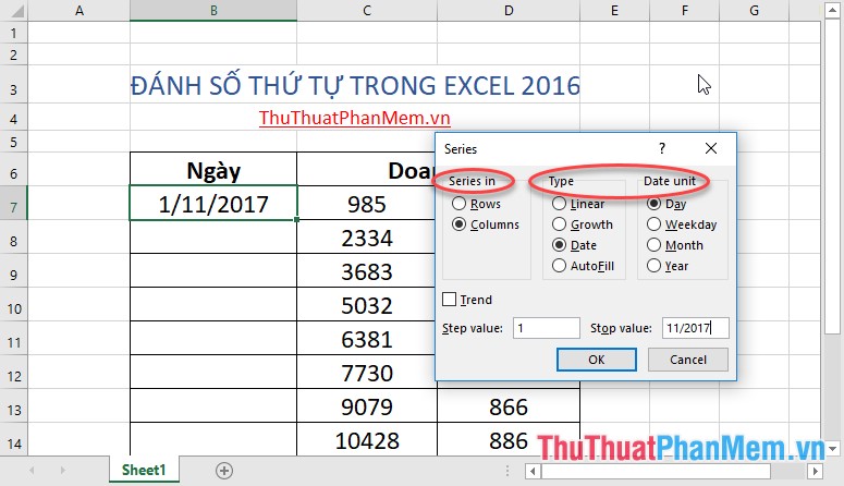 Numbering in Excel 2016