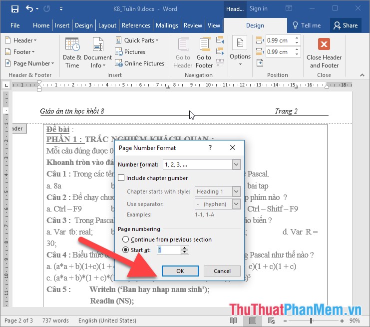 how to start numbering from a specific page in word 2016