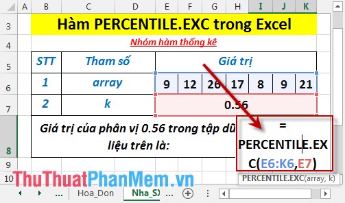 PERCENTILE.EXC function - The function returns the kth percentile of values ​​in the range, with k in the range from 0 to 1 in Excel Picture 3