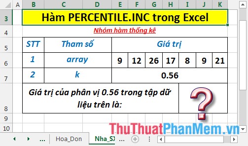 PERCENTILE.INC function - Function returns the kth percentile of values ​​in the range with k in the range from 0 to 1 in Excel Picture 2